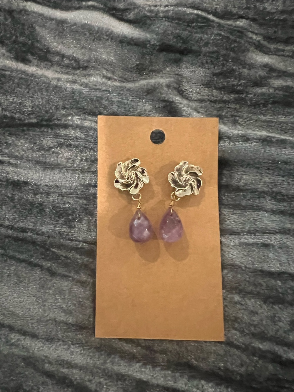 Gold Floral Stud Earrings with Purple Teardrop Gemstone